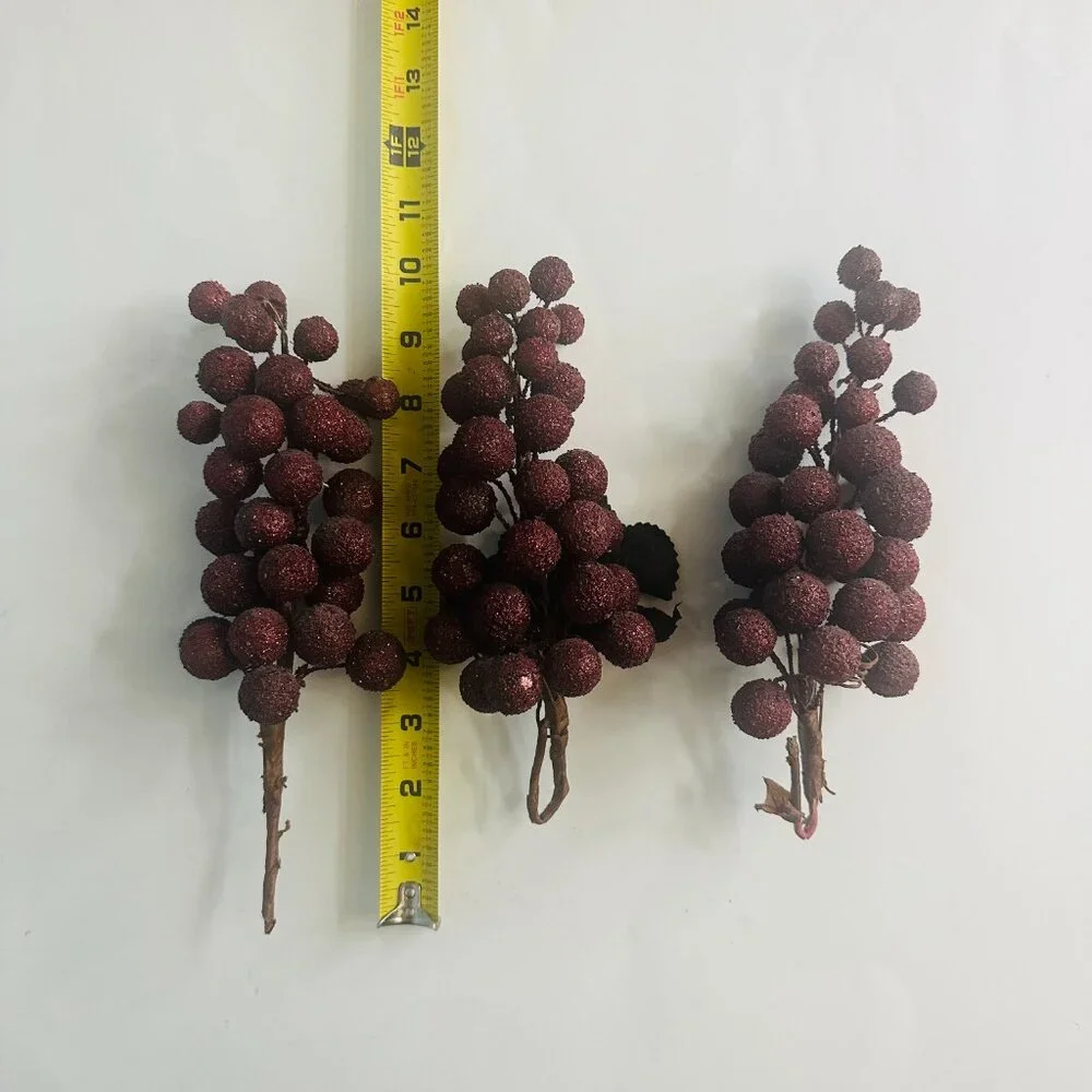 3 Strands Artificial Frosted Grapes Burgundy Faux Clusters Brown Stems Vintage